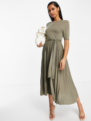 Asos Design Midi Belted Pleated Dress In Khaki