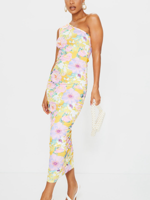 Yellow Floral One Shoulder Ruched Midi Dress