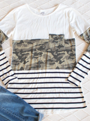 Stripe And Camo Colorblocked Tunic - White