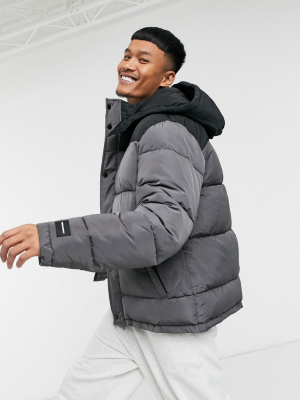 Asos Design Puffer Jacket With Color-block Panel In Charcoal