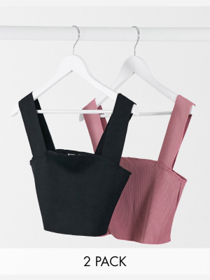 Missguided 2 Pack Ribbed Square Neck Crop Top In Black And Rose