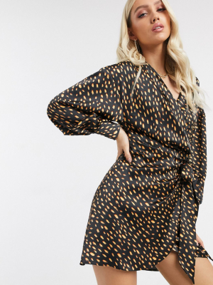 Asos Design Satin Drape Wrap Front Mini Dress In Polka Dot