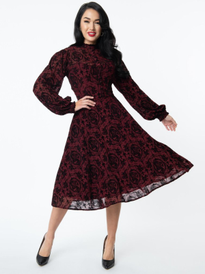 Unique Vintage 1950s Burgundy La Catrina Velvet Burnout Leota Swing Dress