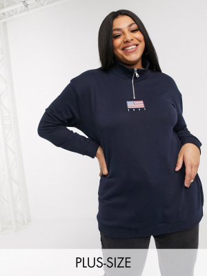 Daisy Street Plus Relaxed Sweatshirt With Half Zip And Flag Embroidery