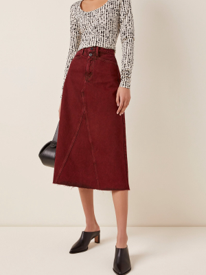 Raw-edge Denim A-line Midi Skirt