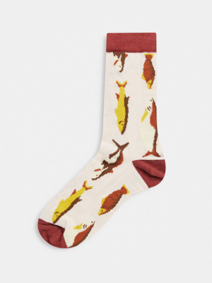 Asos Design Ankle Socks With Fish Design In Neutral Colors