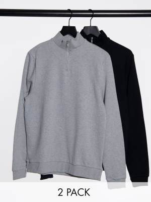 Asos Design Organic Half-zip Sweatshirt 2-pack In Black/gray Marl