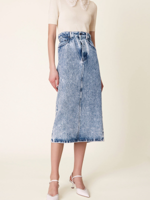 Marbled Denim Midi Skirt