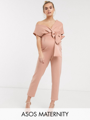 Asos Design Maternity Fallen Shoulder Scuba Jumpsuit In Blush