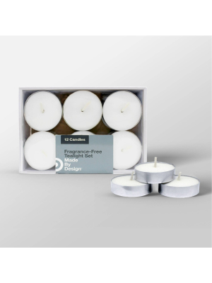 3.1" X 1.5" 12pk Unscented Tealight Candle Set White - Made By Design™