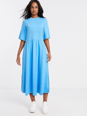 Monki Agnete Organic Cotton Jersey Short Sleeve Trapeze Dress In Bright Blue