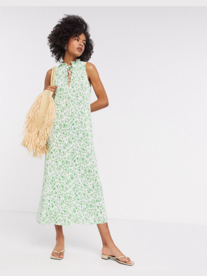 Asos Design Plisse Midi Dress With Frill Neck In Green Floral