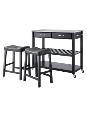 Stainless Steel Top Kitchen Cart/island - Black With 24" Black Upholstered Saddle Stools - Crosley