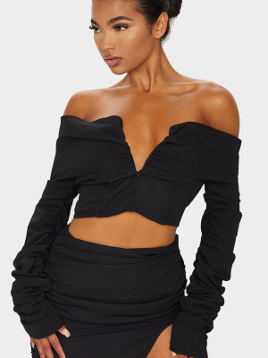 Black Woven V Bar Draped Front Ruched Sleeve...