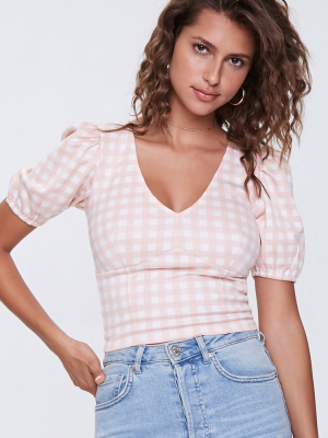 Gingham Puff-sleeve Top