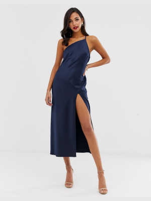 Asos Design One Shoulder Midaxi Dress In Satin With Drape Back