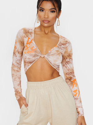 Orange Tie Dye Printed Twist Front Long Sleeve...