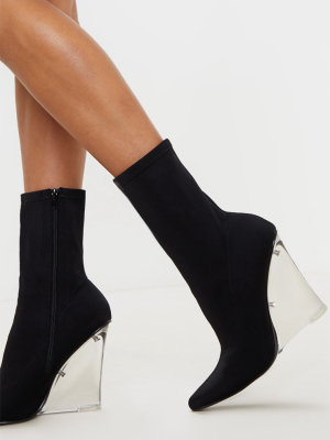 Black Clear Wedge Point Toe Sock Boot