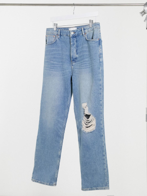 Asos Design Dad Jeans In Vintage Mid 90s Wash With Knee Rip