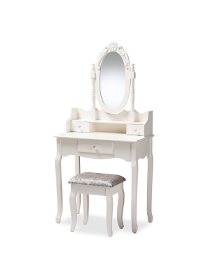 2pc Veronique White Finished Wood Vanity Table With Mirror And Ottoman White - Baxton Studio