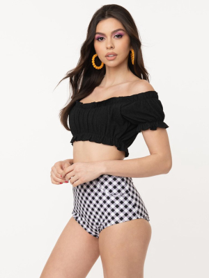 Unique Vintage Black Ruffle Encinitas Swim Crop Top