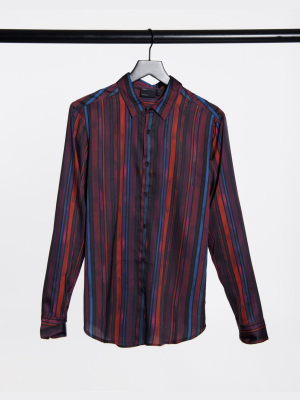 Asos Design Regular Fit Shirt In Painted Satin Stripe