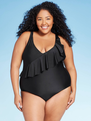 Women's Shoulder Ruffle Medium Coverage One Piece Swimsuit - Kona Sol™ Black