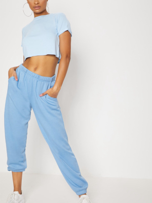 Basic Baby Blue Roll Sleeve Crop T Shirt