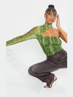 Lime Mesh Snake Print High Neck One Shoulder...