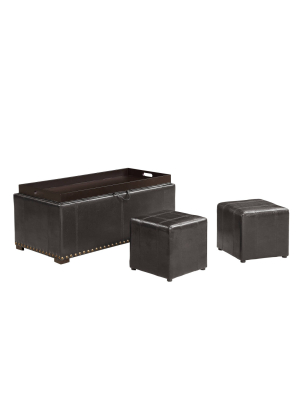 Leather Storage Bench With 2 Side Ottomans - Ac Pacific