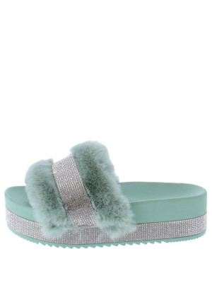 Columbia Mint Rhinestone Faux Fur Platform Slide Sandal