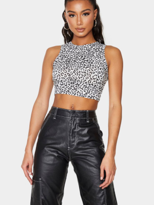 White Jersey Leopard Print Racer Crop Top