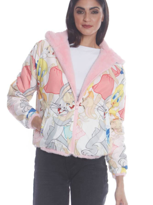 Women's  Faux Rabbit Fur Reversible Bomber Looney Tunes Satin Mashup Print Lining Jacket