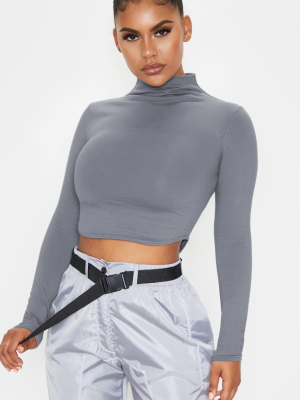 Grey Cotton Funnel Neck Long Sleeve Top