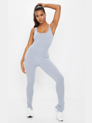 Grey Square Neck Split Hem Jersey Jumpsuit