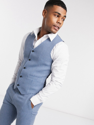 Asos Design Wedding Super Skinny Wool Mix Suit Suit Vest In Blue Houndstooth Check