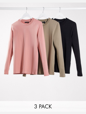 Asos Design 3 Pack Long Sleeve Muscle Fit T-shirt