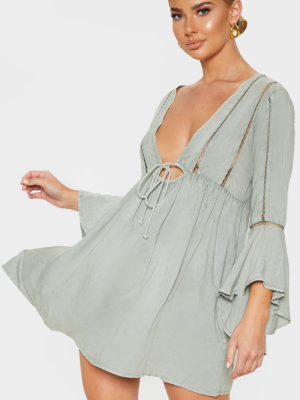 Pale Khaki Tie Front Frill Sleeve Beach Dress