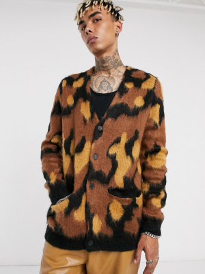 Asos Design Knitted Leopard Cardigan In Fluffy Yarn