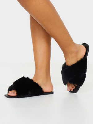 Black Cross Strap Faux Fur Mule Sandal