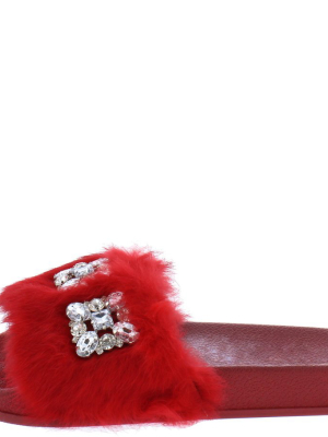 Cecilia258 Red Jeweled Faux Fur Mule Slide Sandal