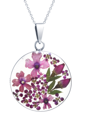 Women's Sterling Silver Pressed Flowers Small Round Pendant (18")