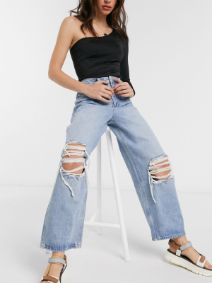 Asos Design High Rise 'relaxed' Dad Jeans In Authentic Midwash With Rips