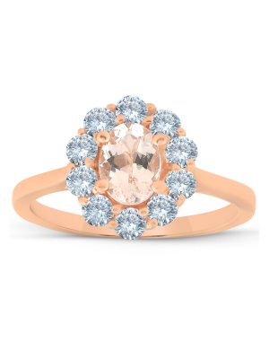 Pompeii3 1 1/4 Ct Tw Oval Morganite Halo Diamond Ring 14k Rose Gold