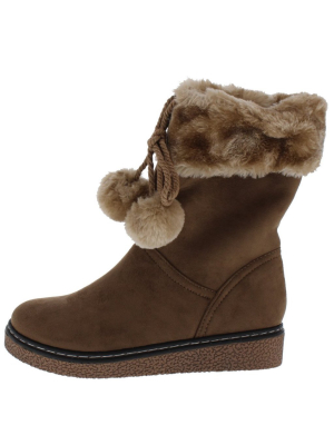 B1802 Khaki Faux Fur Cuff Pom Pom Boot