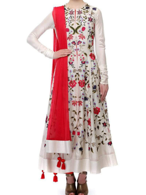 Front-opening Top-stitch Embroidered Kurta