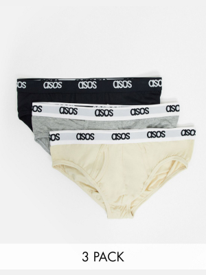 Asos Design 3-pack Briefs In Black, White, And Beige