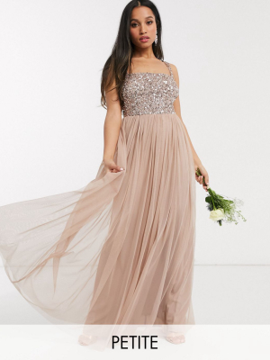 Maya Petite Bridesmaid Sleeveless Square Neck Maxi Tulle Dress With Tonal Delicate Sequin In Taupe Blush