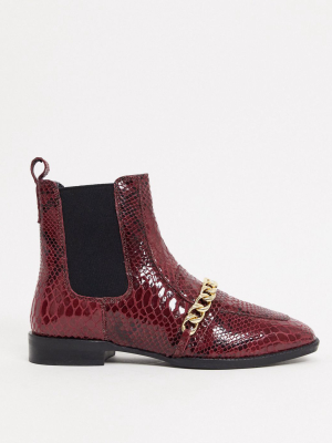 Asos Design Ava Leather Loafer Boot With Chain Trim In Red Snake