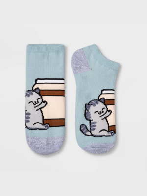 Women's Fuzzy Coffee Cat Low Cut Socks - Xhilaration™ Blue 4-10